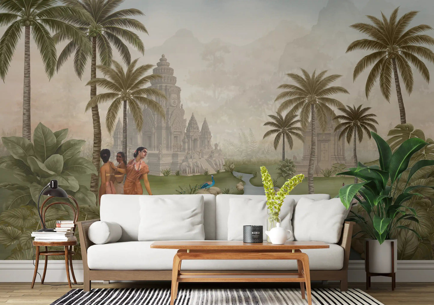 Eastern Serenity Grove wall mural with a carved stone temple beside tall palm trees in living room., GD10192