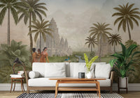 Eastern Serenity Grove wall mural with a carved stone temple beside tall palm trees in living room., GD10192