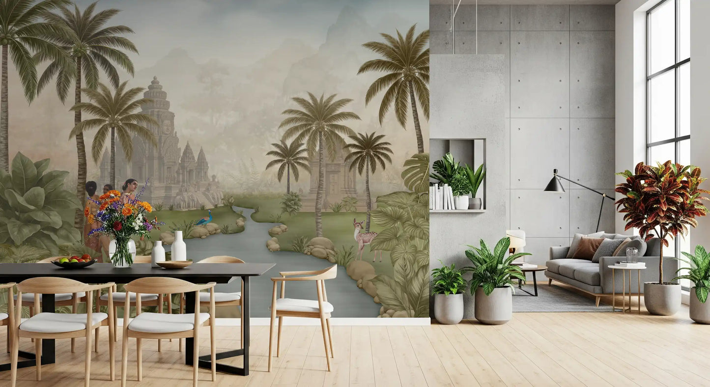 Vintage wall mural with deer standing among stones on the far bank of the stream., GD10192