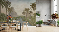 Vintage wall mural with deer standing among stones on the far bank of the stream., GD10192