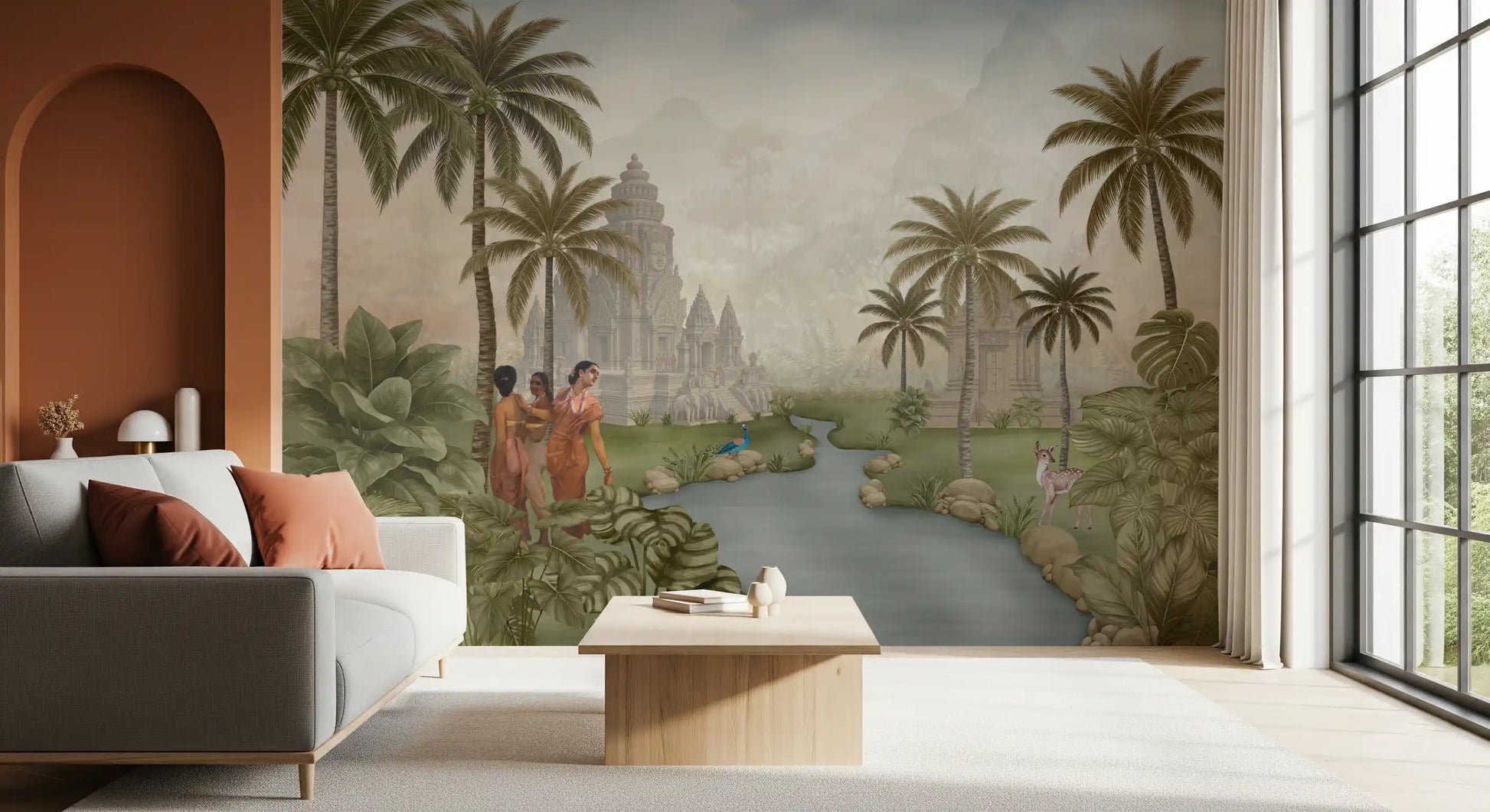 Eastern Serenity Grove tropical mural used as a living room feature wall., GD10192