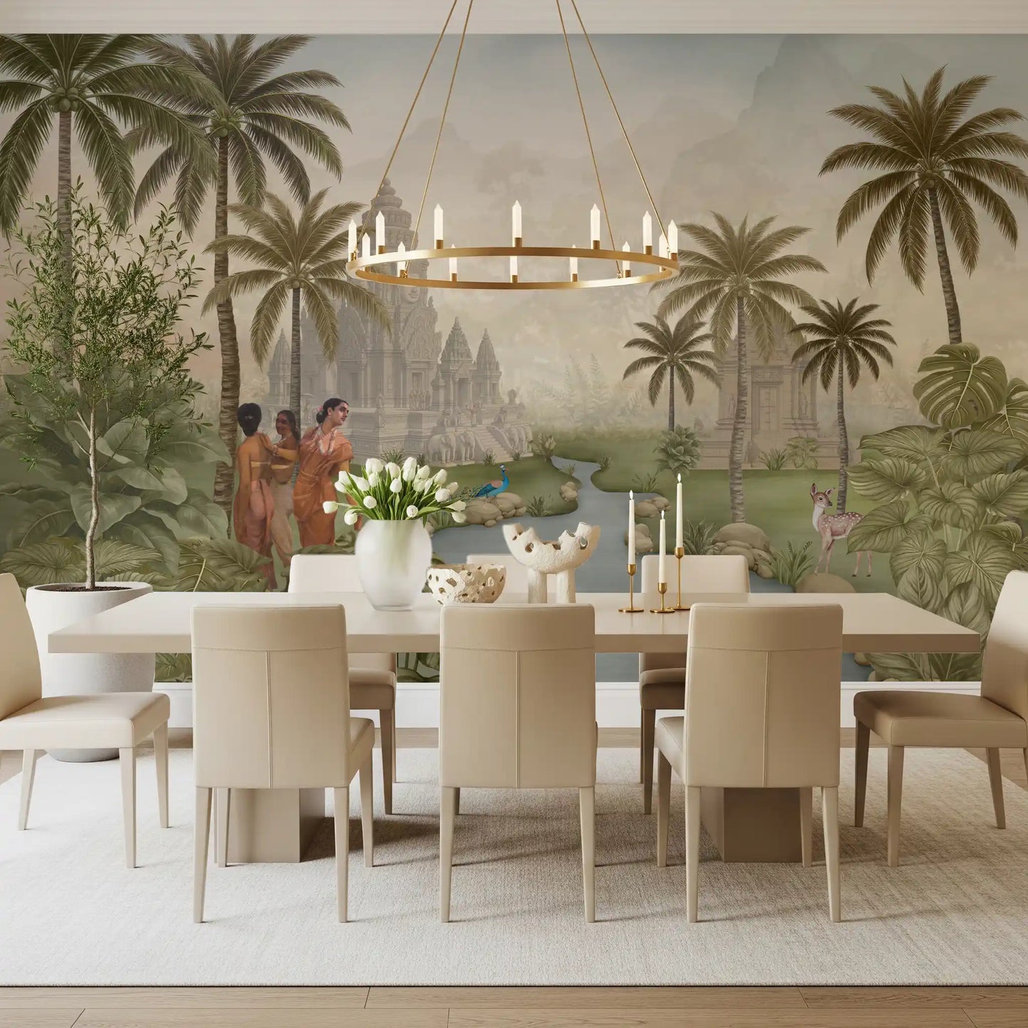 Painterly tropical river mural with palms, temple, and quiet wildlife in dining room., GD10192