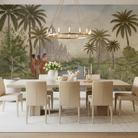 Painterly tropical river mural with palms, temple, and quiet wildlife in dining room., GD10192