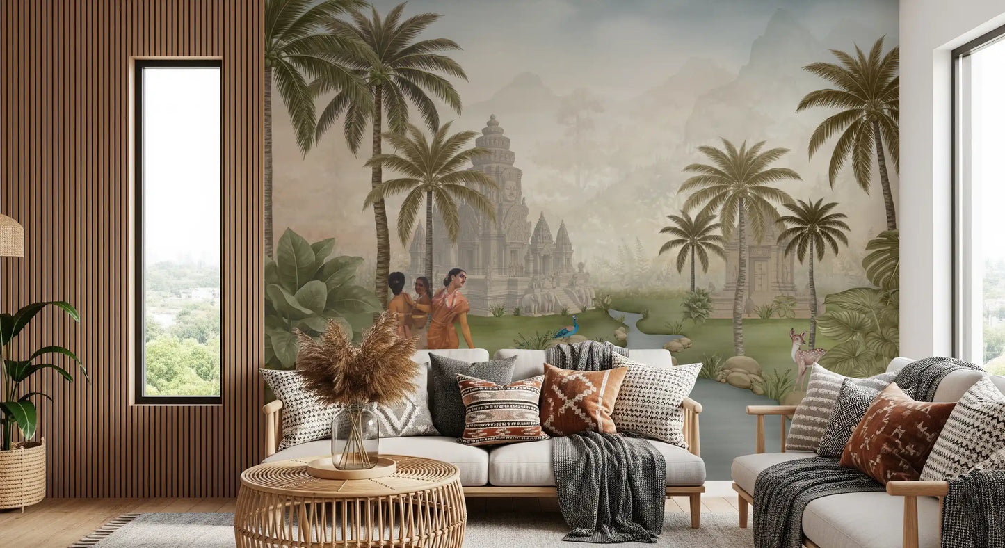 Living room wall mural showing a peacock resting on rocks near a slow winding river., GD10192