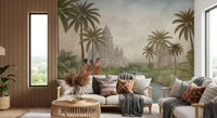 Living room wall mural showing a peacock resting on rocks near a slow winding river., GD10192