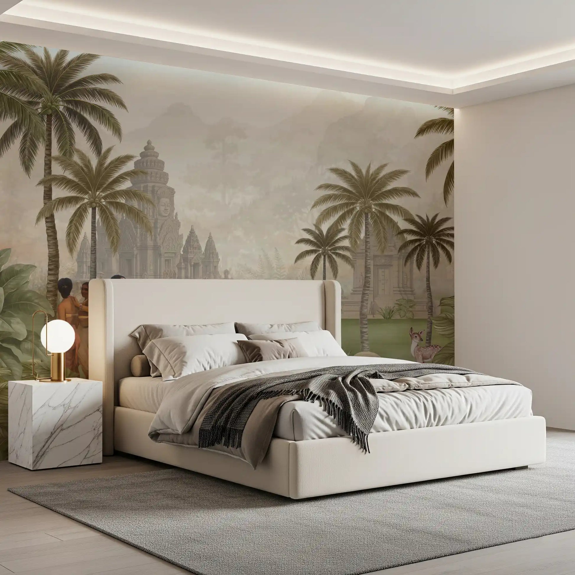 Tall palm trees rising wall mural with large monstera and banana leaves in bedroom., GD10192