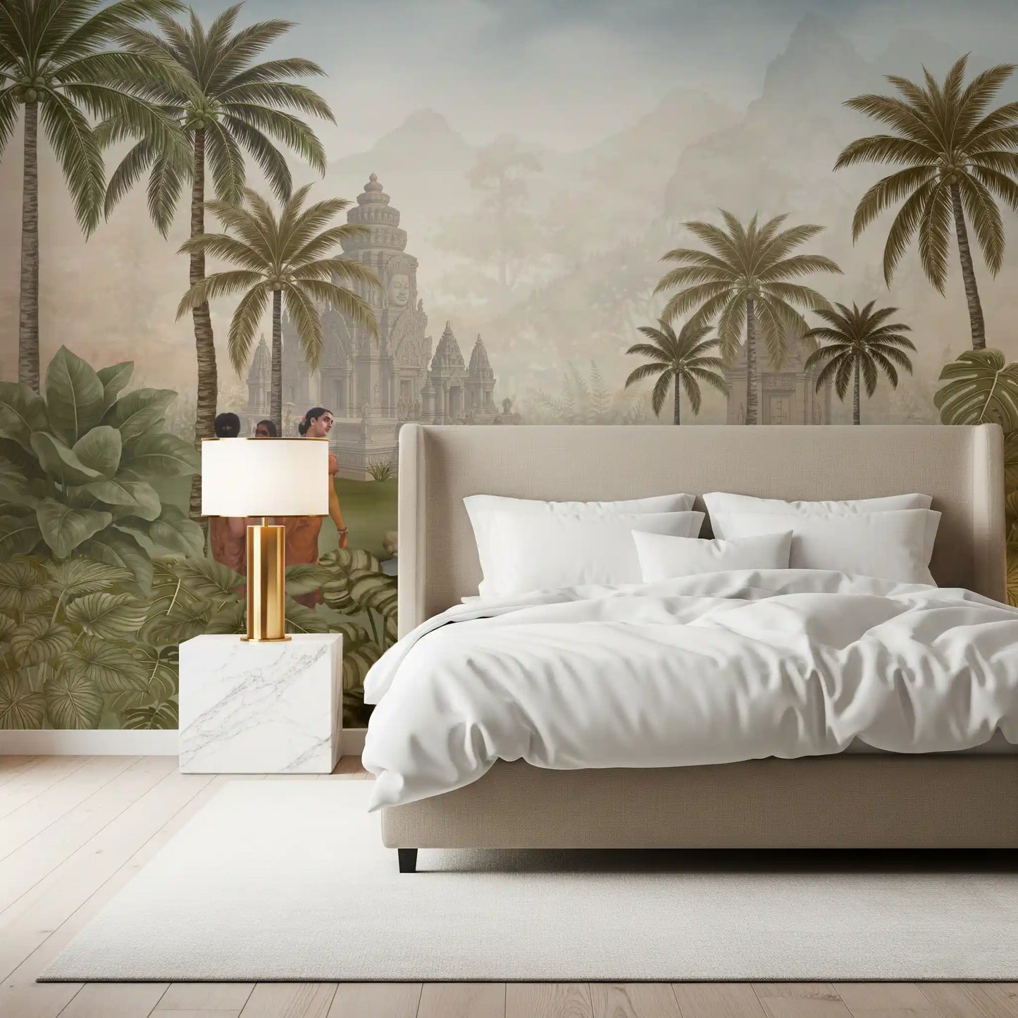 Misty mountains wall mural with a temple in soft sage and beige tones., GD10192