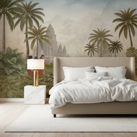 Misty mountains wall mural with a temple in soft sage and beige tones., GD10192