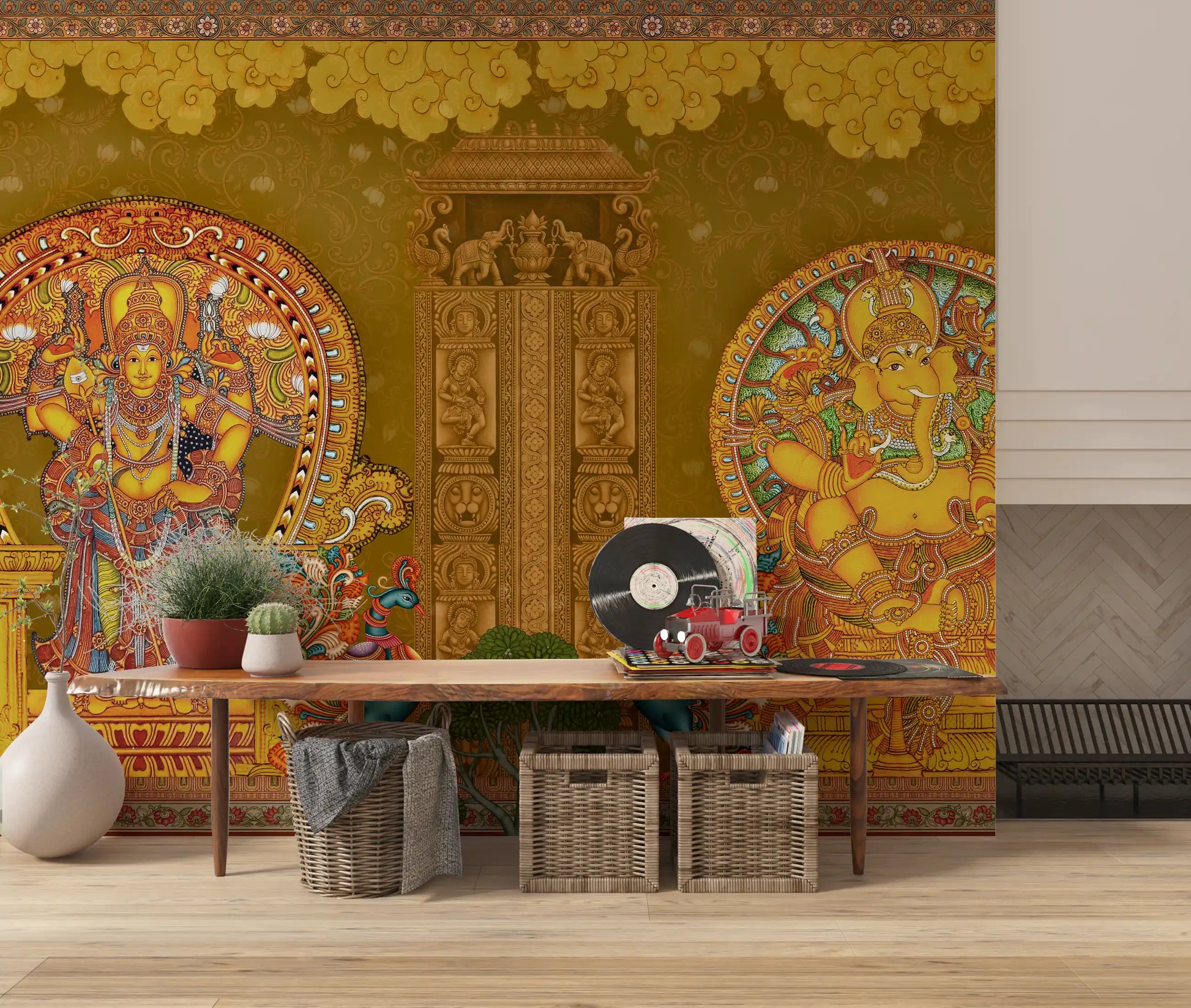Detailed ochre and maroon palette across the Kerala wall mural., GD10193