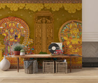 Detailed ochre and maroon palette across the Kerala wall mural., GD10193