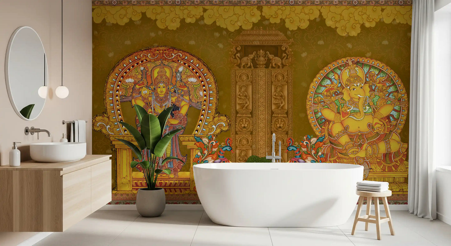 Seated golden Ganesha figure wall mural with a circular patterned in bathroom., GD10193