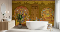 Seated golden Ganesha figure wall mural with a circular patterned in bathroom., GD10193
