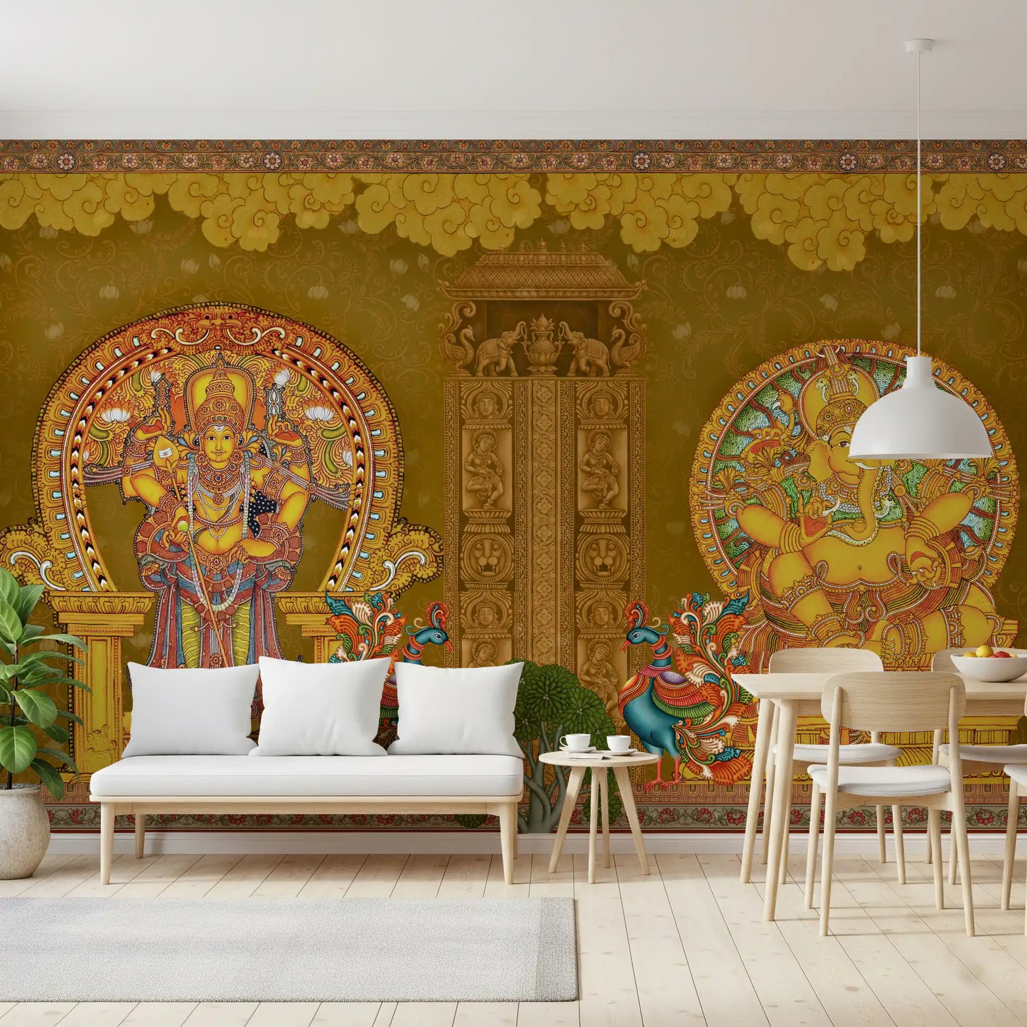 Kerala mural as a living room feature wall with peacock detailing., GD10193