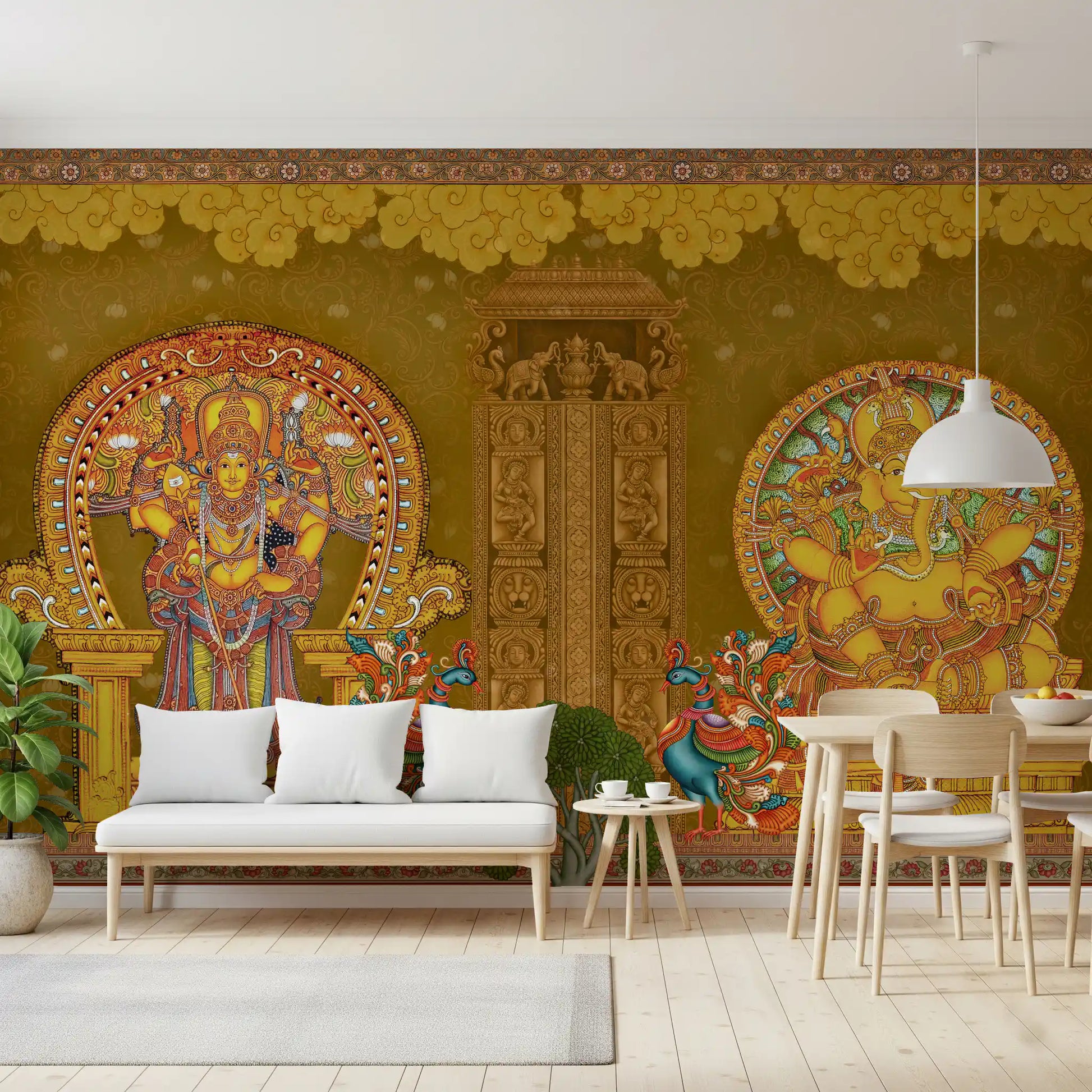 Kerala mural as a living room feature wall with peacock detailing., GD10193