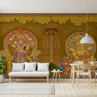 Kerala mural as a living room feature wall with peacock detailing., GD10193