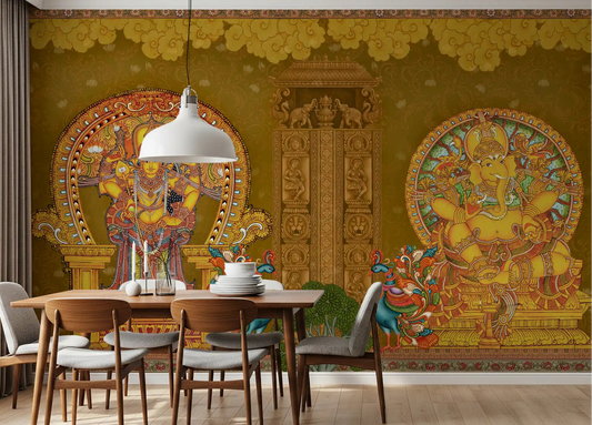 Standing four-armed deity holding lotus flowers in traditional temple style wall mural.