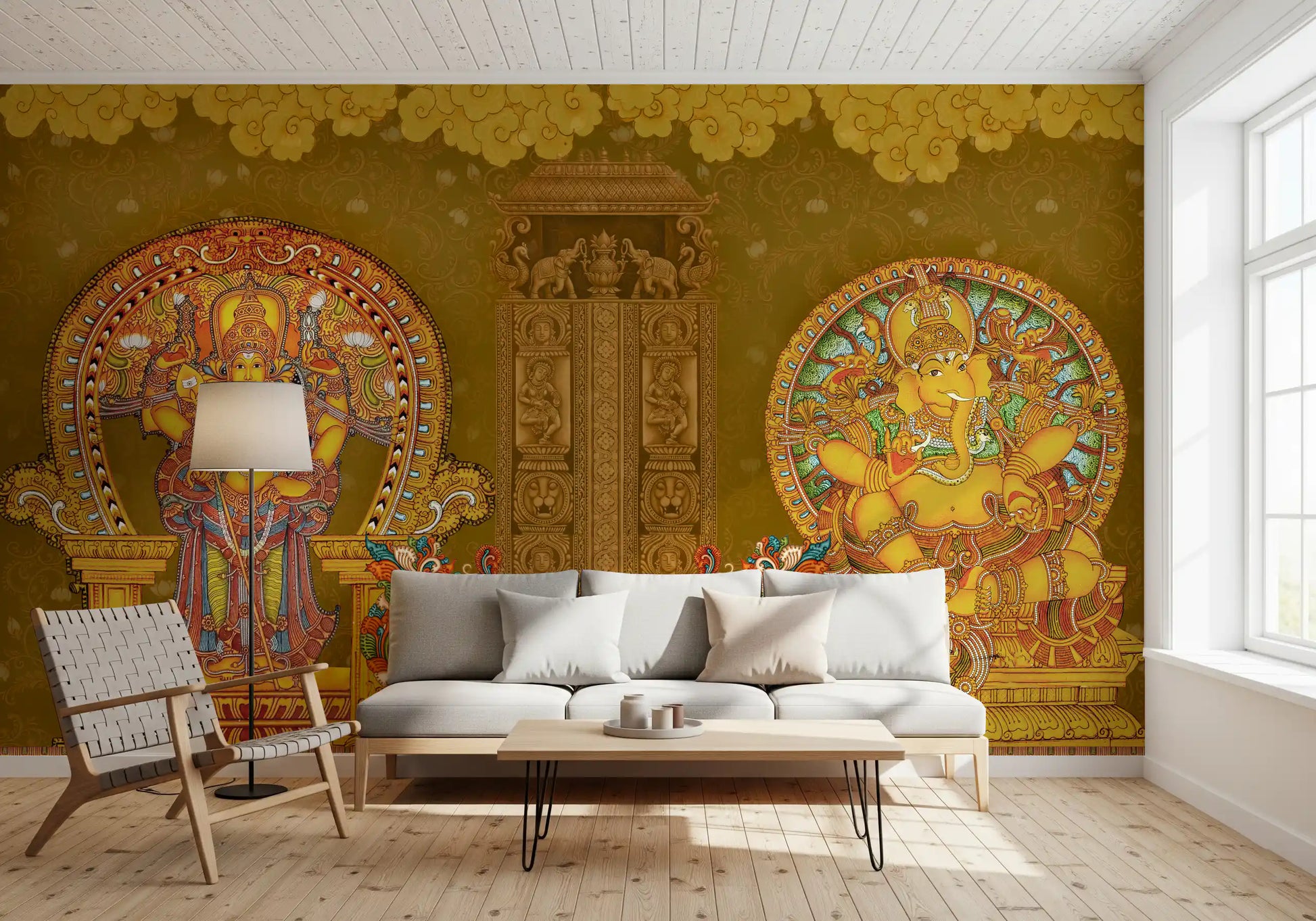 Golden floral border running along the top of the temple mural., GD10193
