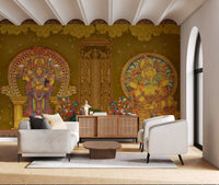 Wall mural with Pair of ornate peacocks beside a stylised green tree., GD10193