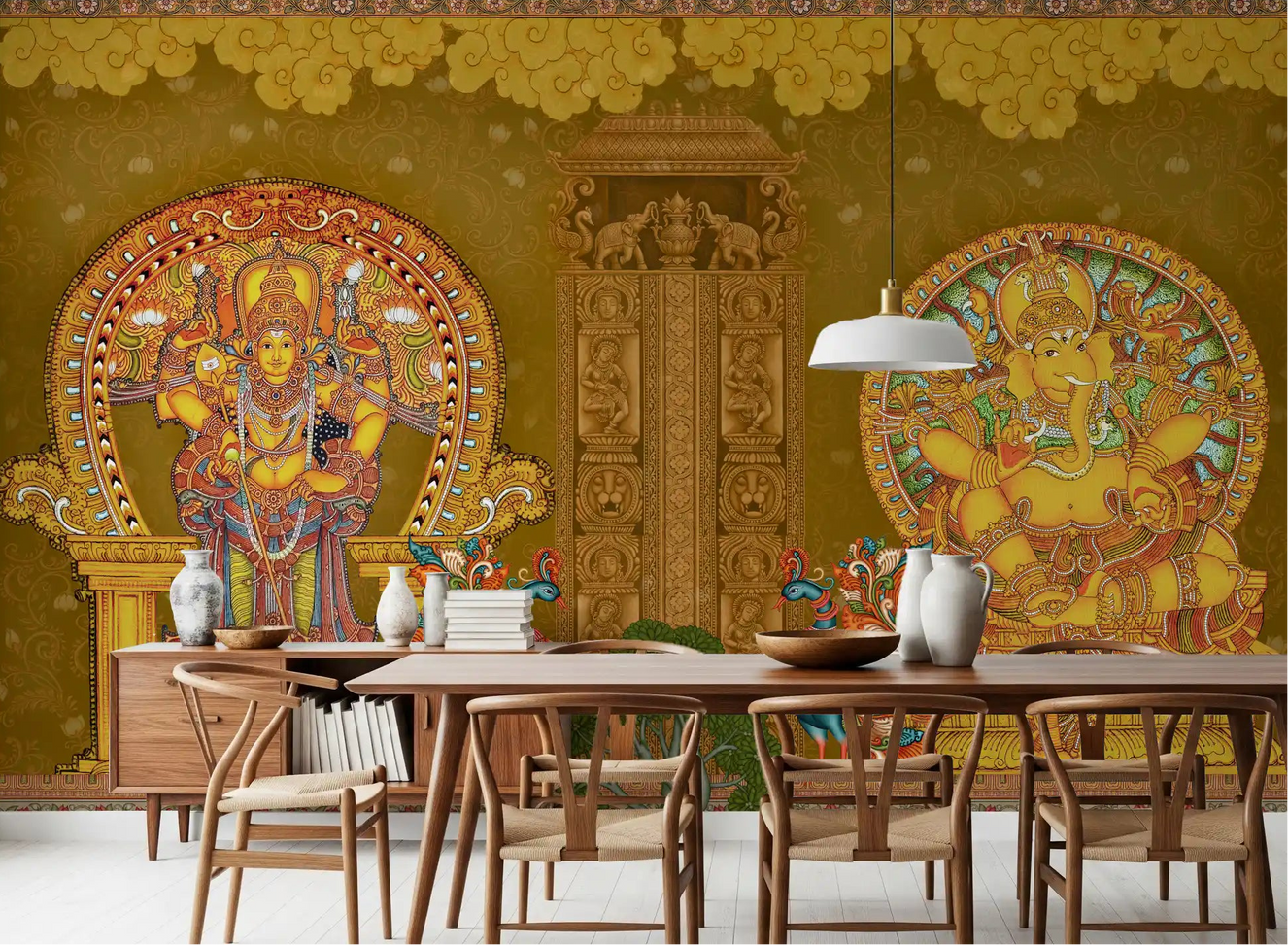 Kerala Mural Deities Wall Mural with two figures in golden arched halos for dining room.