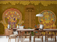 Kerala Mural Deities Wall Mural with two figures in golden arched halos for dining room., GD10193