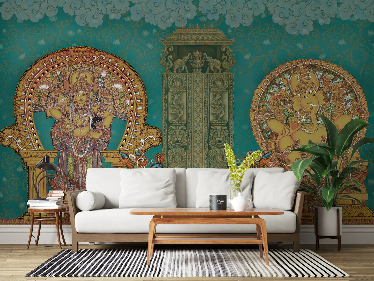 Living room feature wall with a traditional temple mural in teal and gold., GD10194