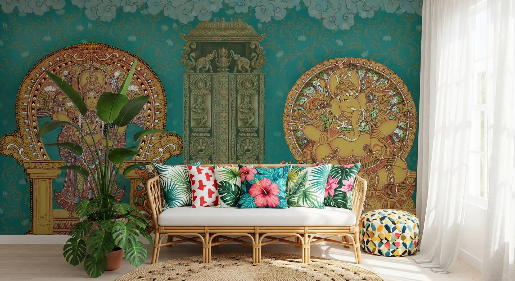Living room wall mural with a standing deity, carved pillar and lotus scrollwork., GD10194