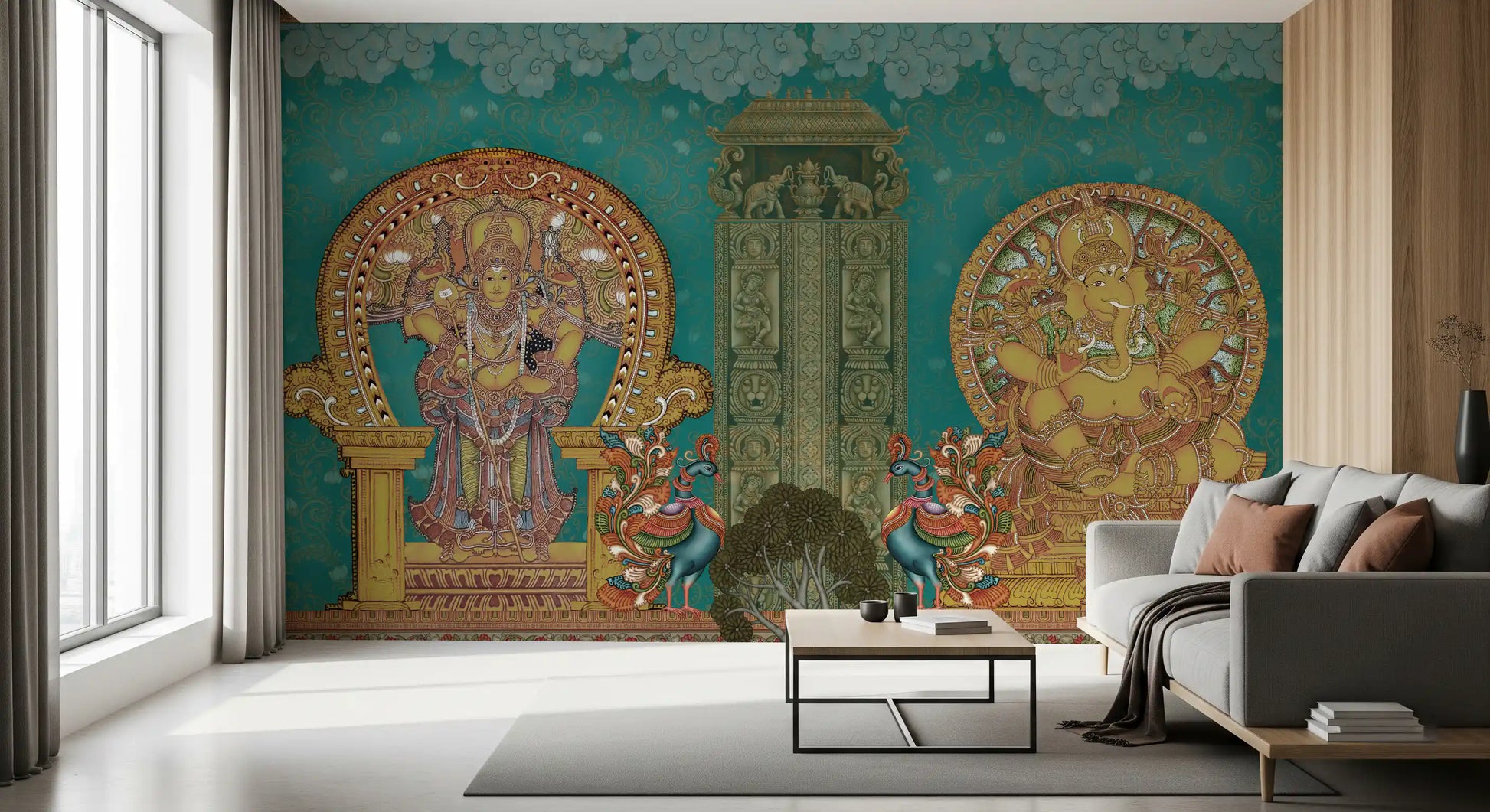 Detail of the temple mural with two ornate peacocks beside a small tree., GD10194