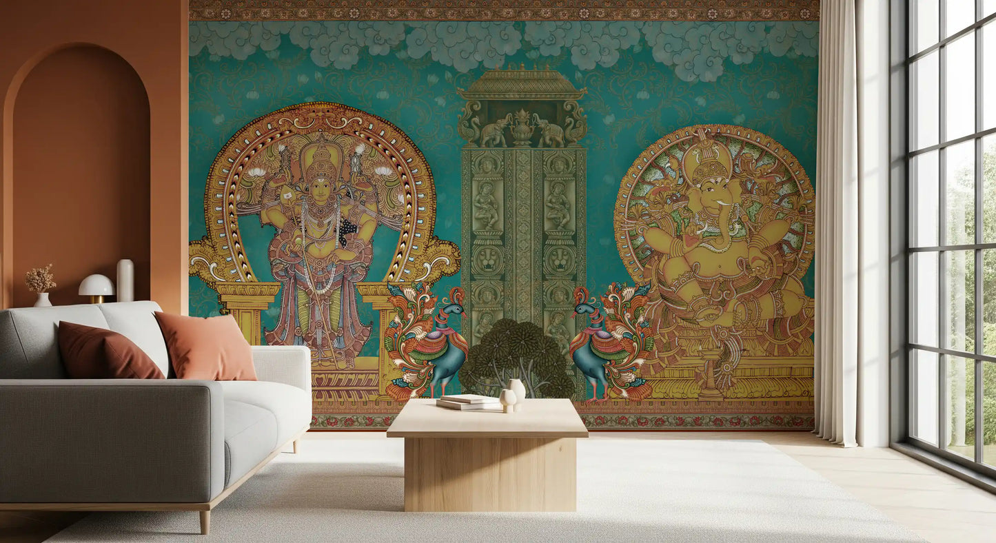 Living room mural with a teal and gold temple scene, deities and peacocks., GD10194