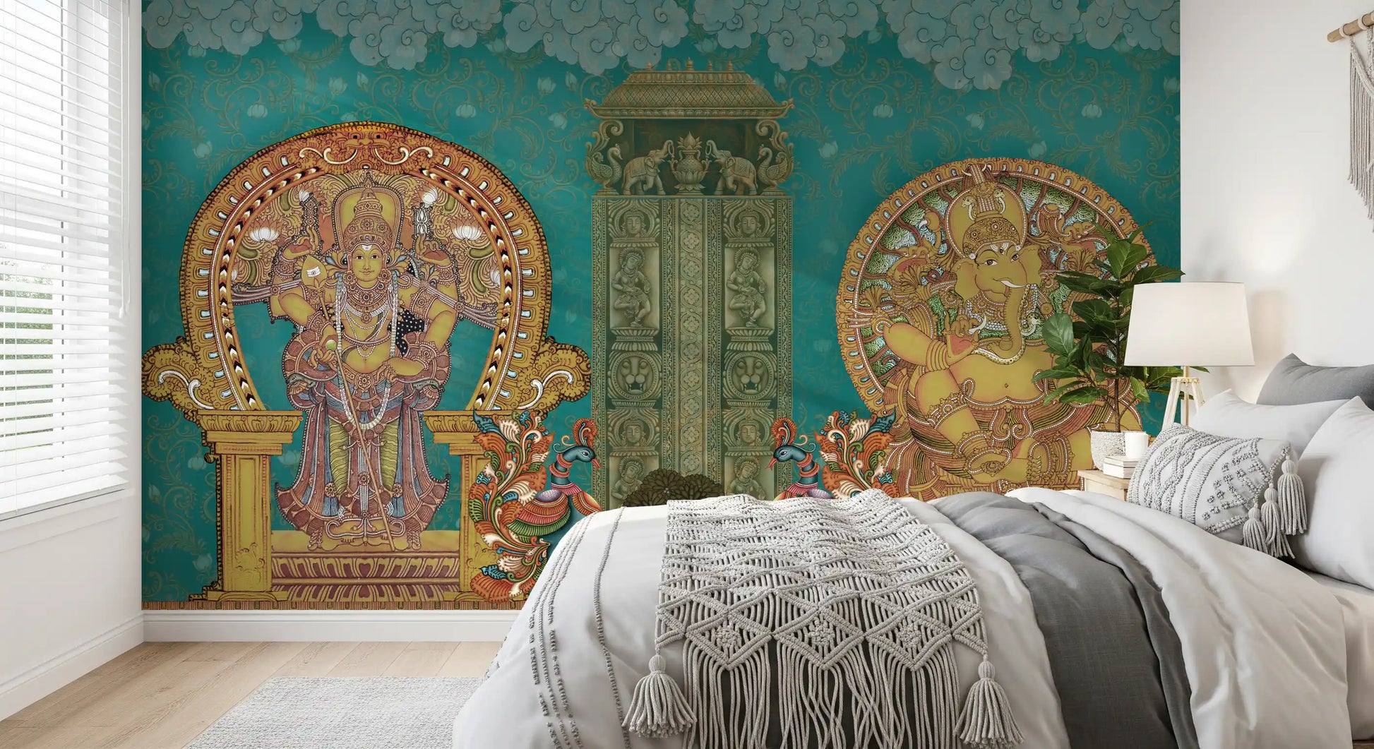 Section of the temple mural showing the carved pillar with sculpted figures and elephants., GD10194