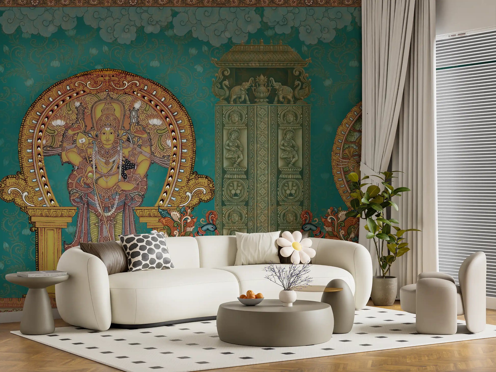 Temple mural on a living room wall with a deity, Ganesha and teal lotus background., GD10194