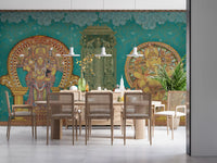 Ornate temple mural showing Lord Ganesha seated within a gold circular halo., GD10194