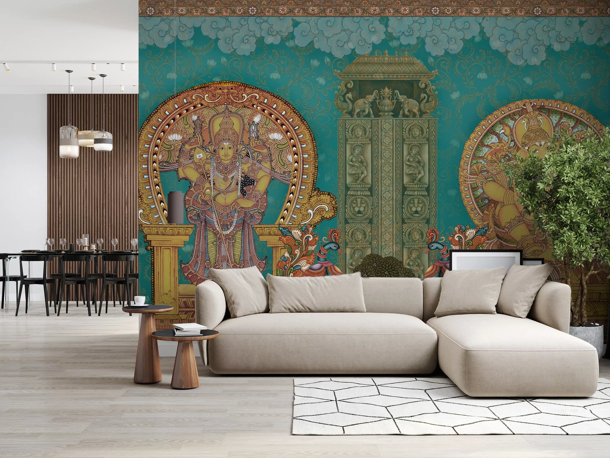 Hallway wall mural with a devotional temple scene of deities and peacocks., GD10194