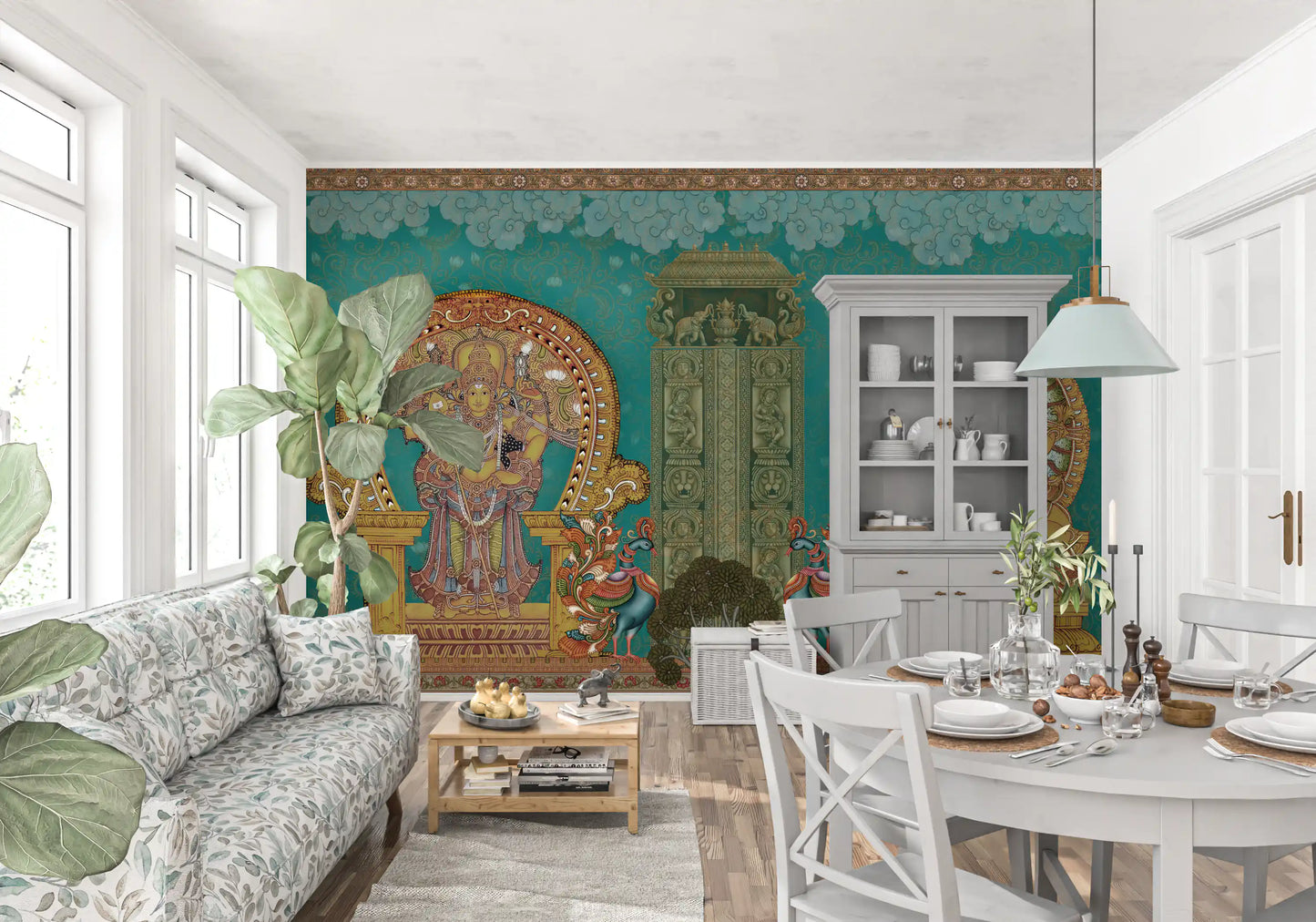 Traditional temple mural with a carved pillar between two golden deity arches., GD10194