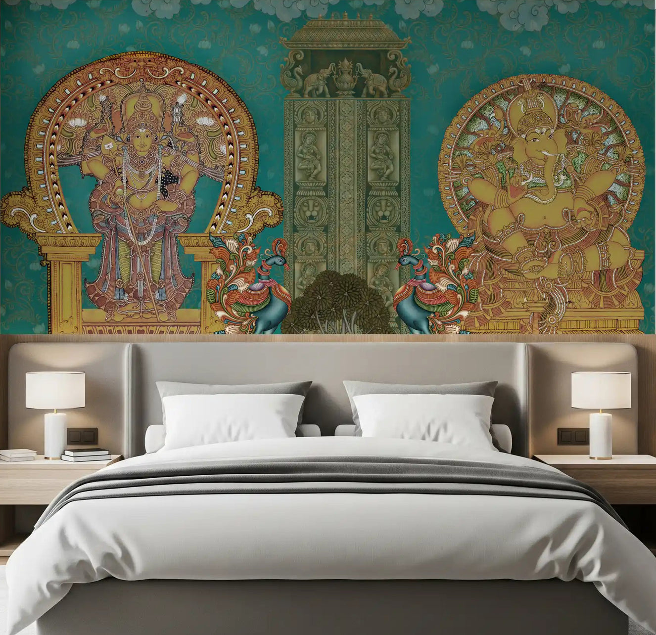 Divine temple wall mural with a standing deity and Lord Ganesha in golden arches in bedroom.
