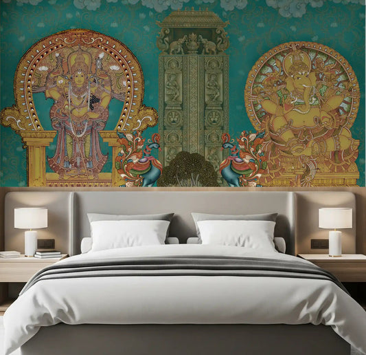 Divine temple wall mural with a standing deity and Lord Ganesha in golden arches in bedroom.