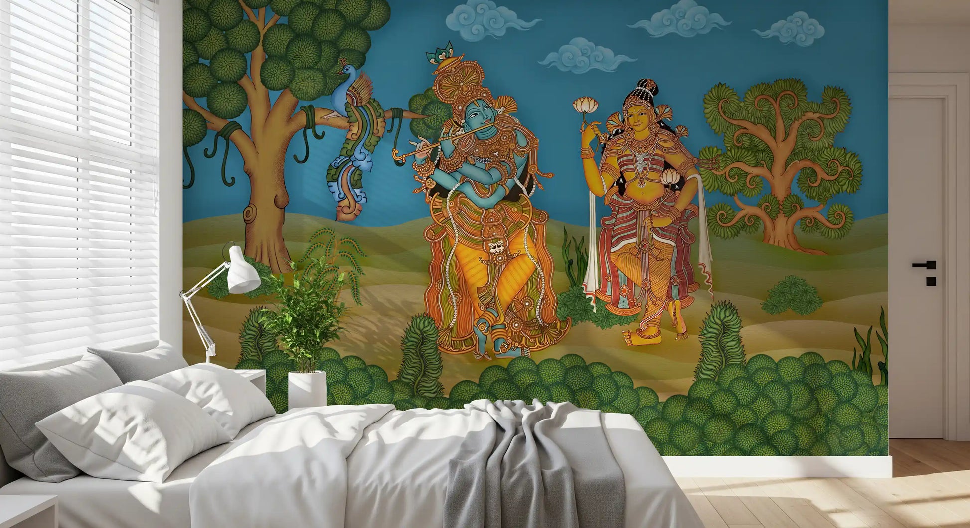 Devotional Krishna flute mural styled for a bedroom wall, GD10195