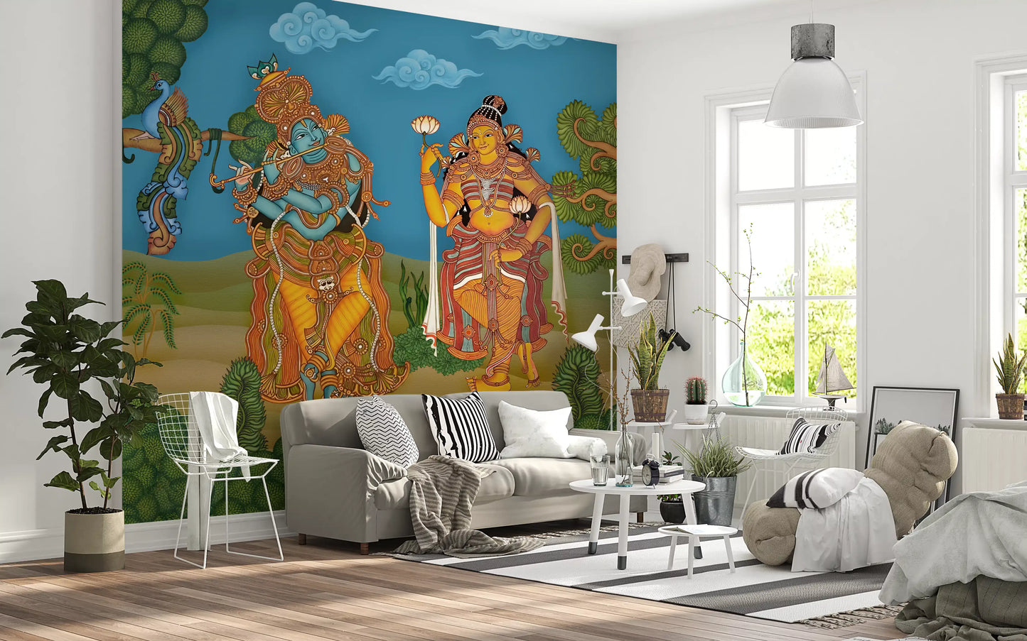 Krishna and lotus divine mural across a living room feature wall., GD10195