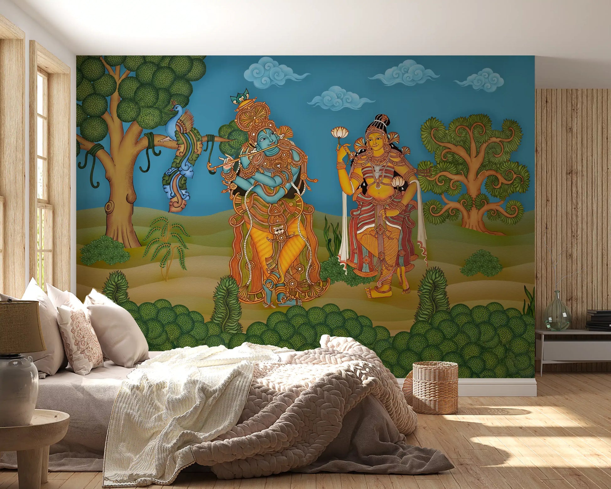 Female figure holding lotus blooms in an ornate folk wall mural for bedroom., GD10195