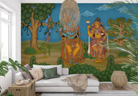 Golden dunes and dense green foliage in a Krishna devotional wall mural., GD10195