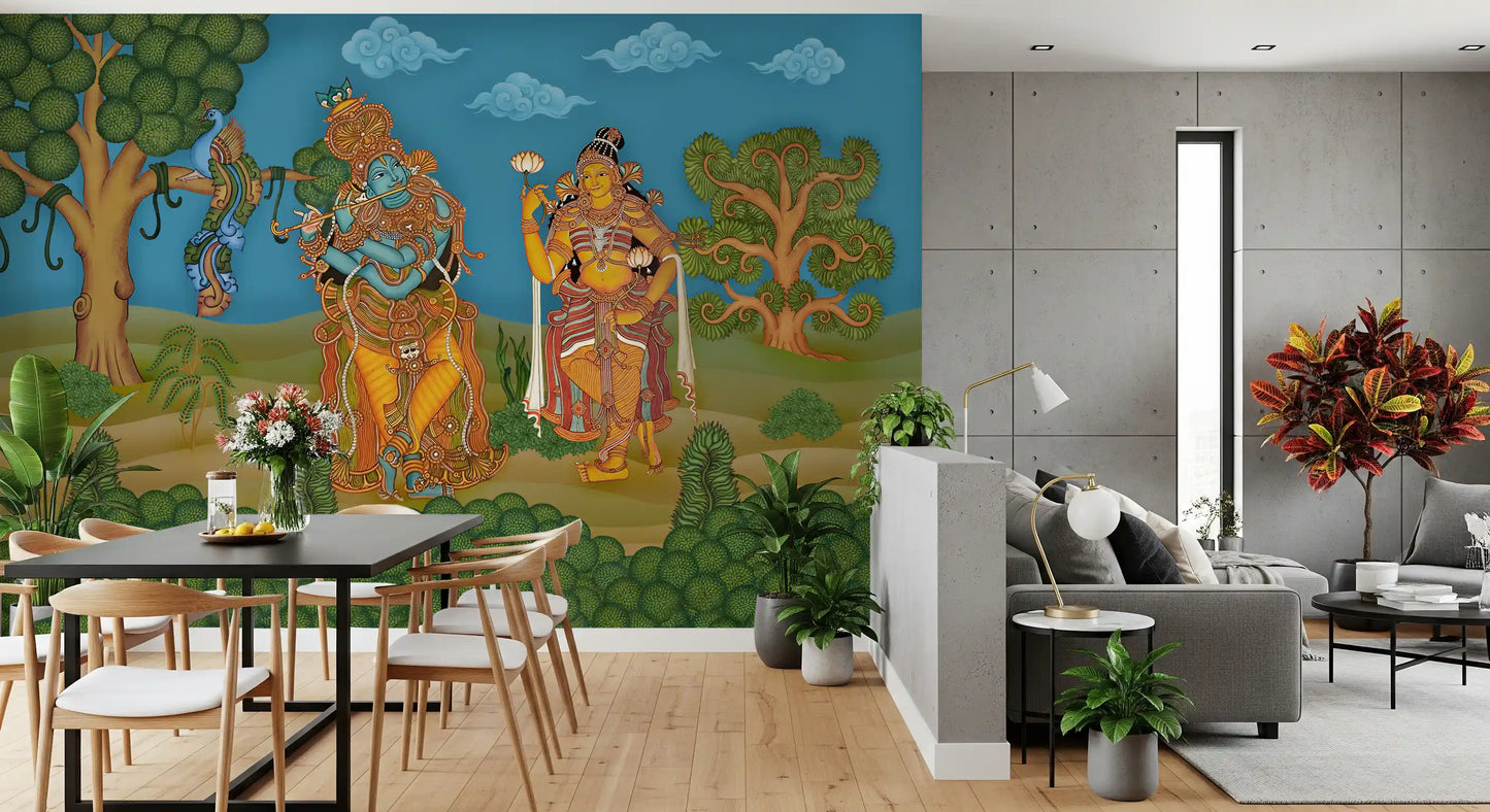 Deep blue sky with swirl clouds above a Krishna and lotus mural in dining area., GD10195