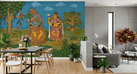 Deep blue sky with swirl clouds above a Krishna and lotus mural in dining area., GD10195