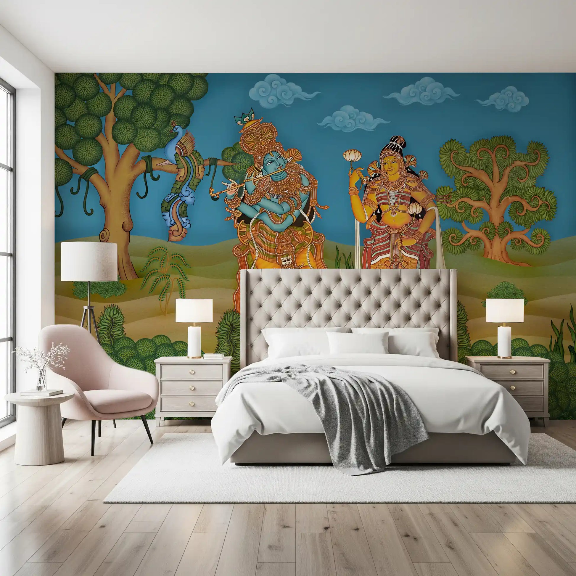 Peacock perched on a curling stylised tree in a Divine wall mural., GD10195