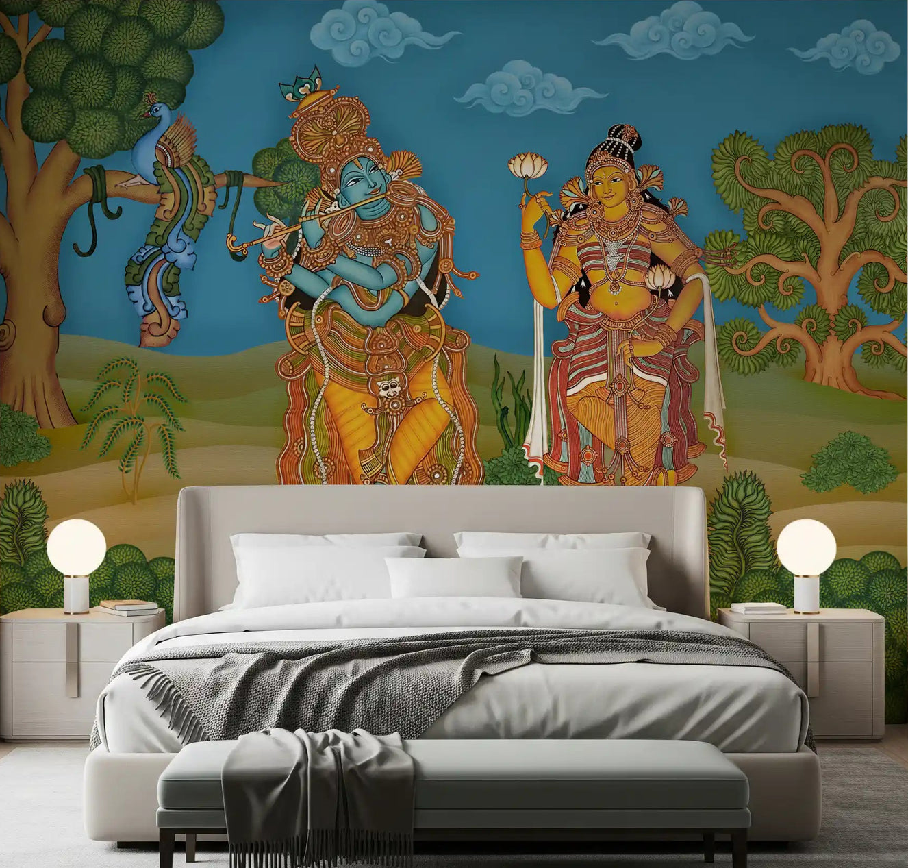 Krishna playing a flute beside a lotus-holding figure in folk mural for bedroom.
