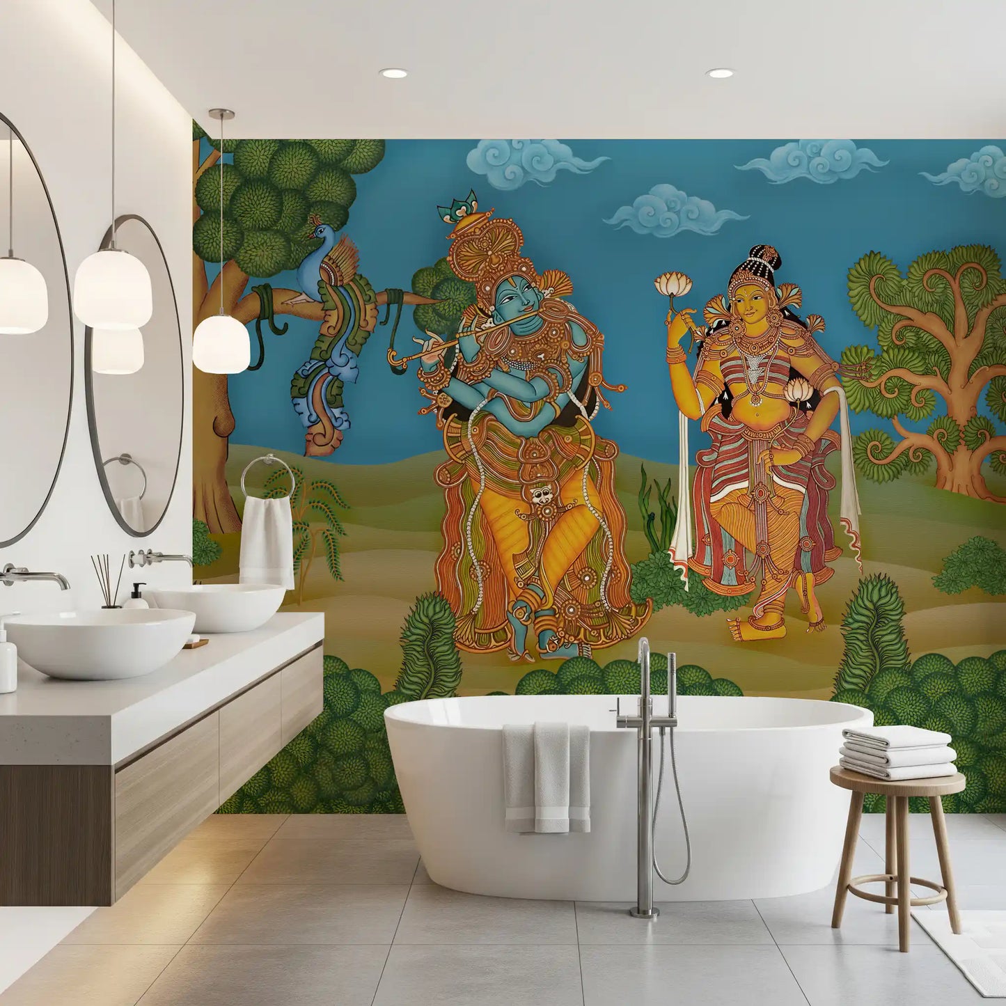 Curling green ornamental trees and swirled clouds in a divine wall mural., GD10195