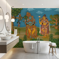Curling green ornamental trees and swirled clouds in a divine wall mural., GD10195