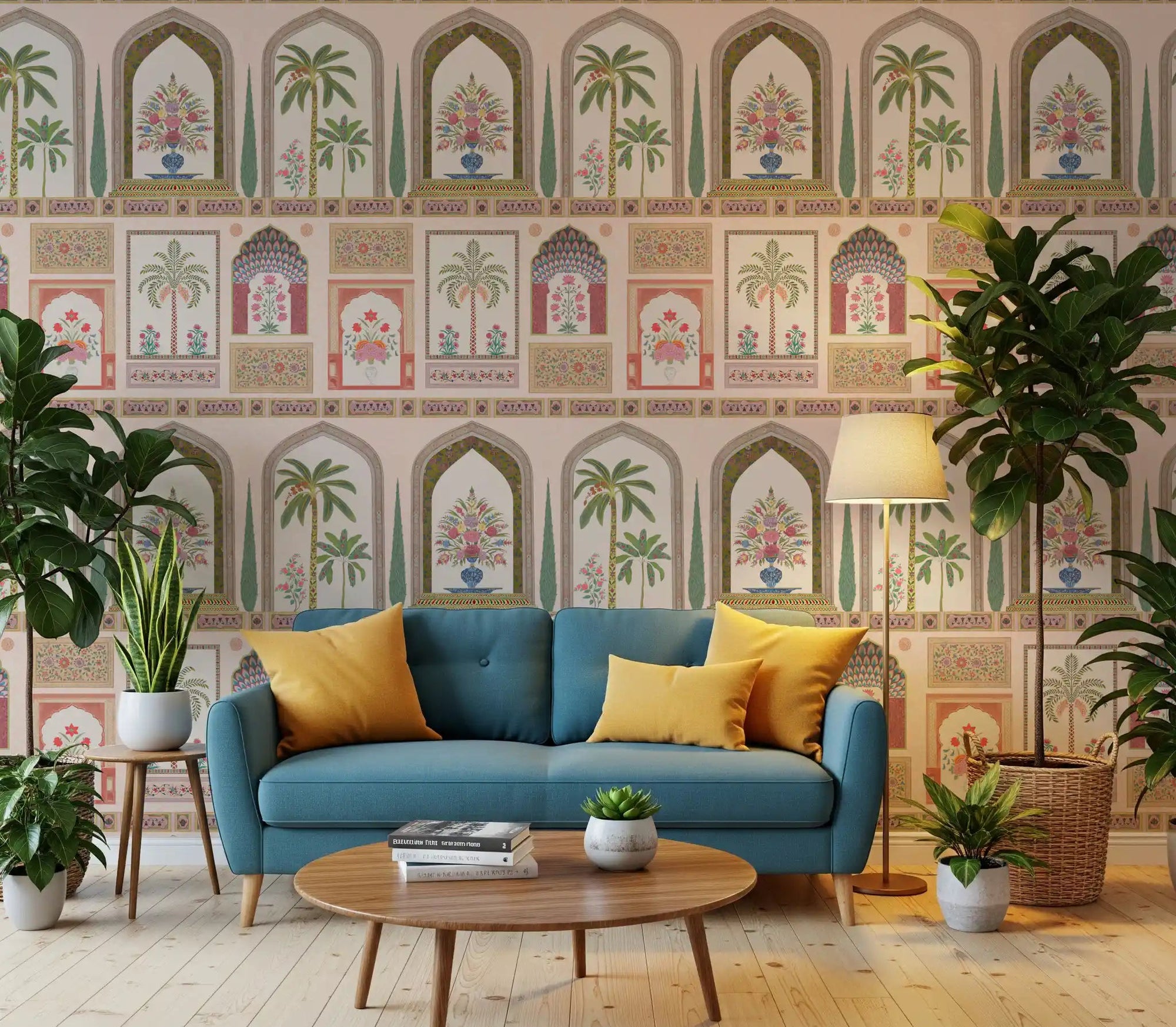 Pink floral palace mural styled across a hallway interior wall., GD10196