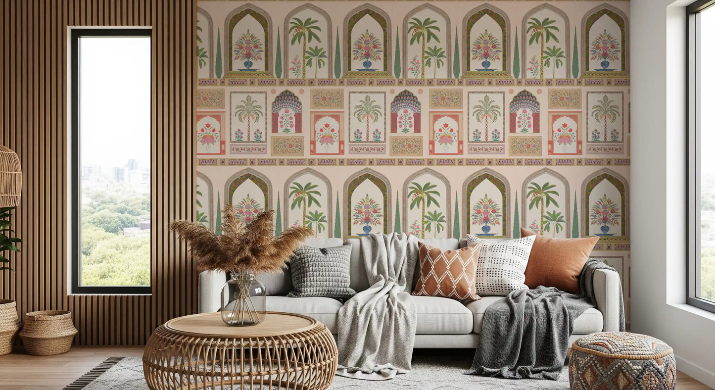 Mughal Garden Palace wall mural with arches, palms and floral bouquets in blue vases., GD10196