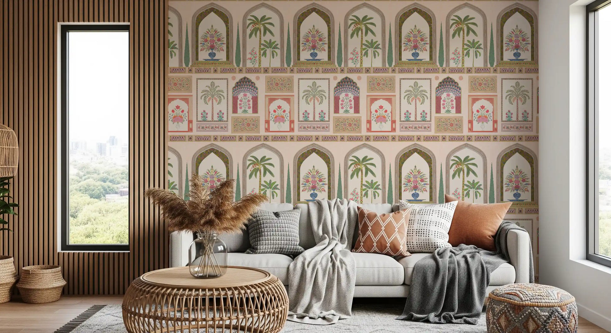 Mughal Garden Palace wall mural with arches, palms and floral bouquets in blue vases., GD10196