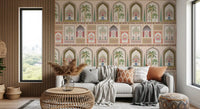 Mughal Garden Palace wall mural with arches, palms and floral bouquets in blue vases., GD10196