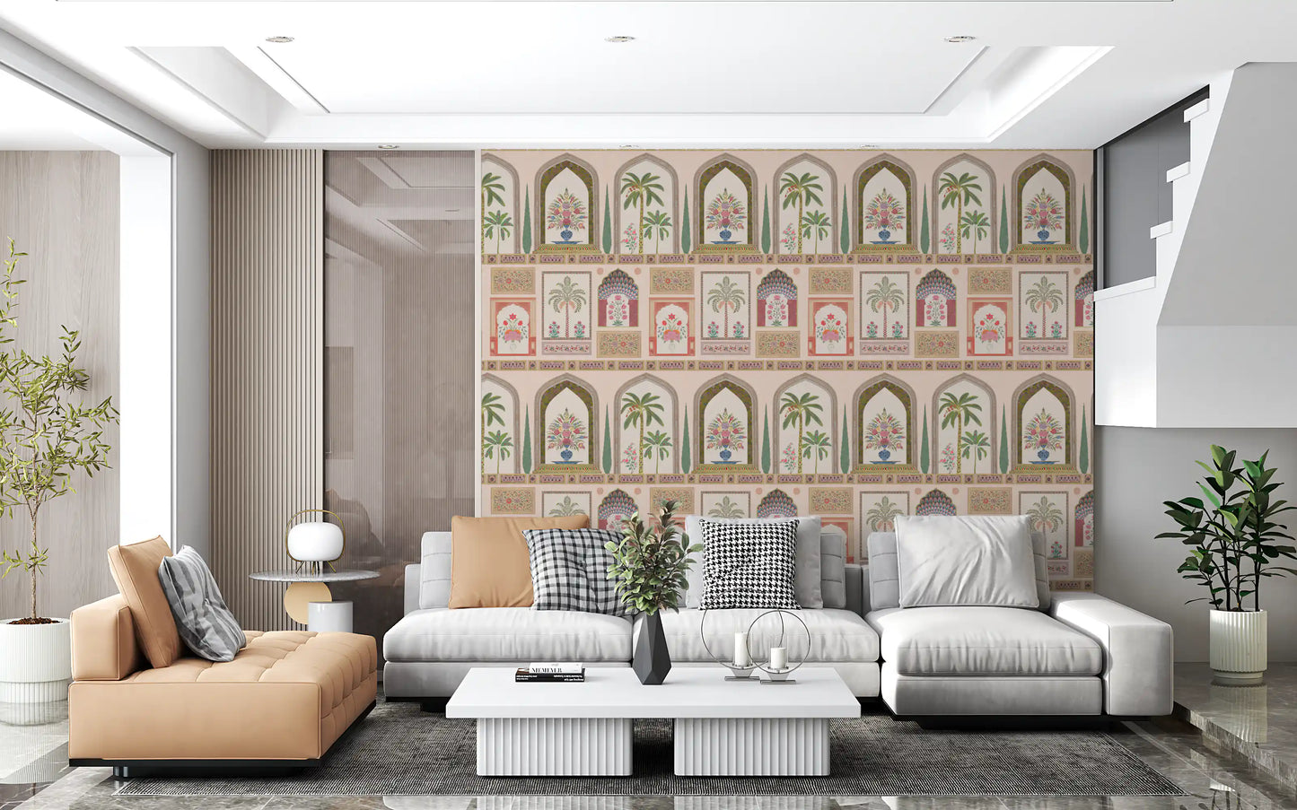 Repeating wall mural with arched niches and bouquet-filled blue vases., GD10196